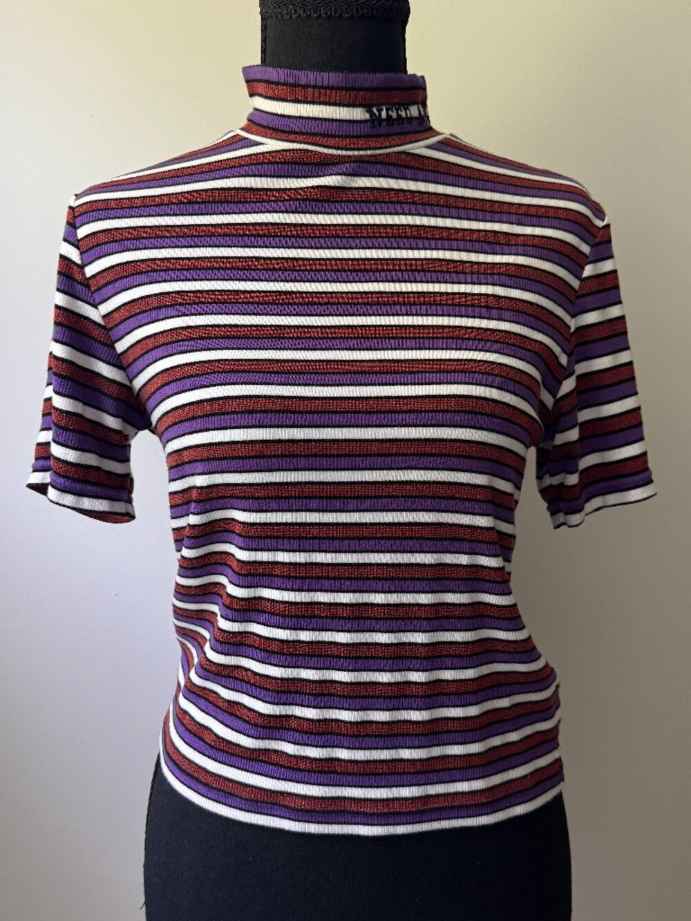 Teddy Fresh Need A Hug Mock Neck Striped Top Short Sleeve Metallic Lurex Medium